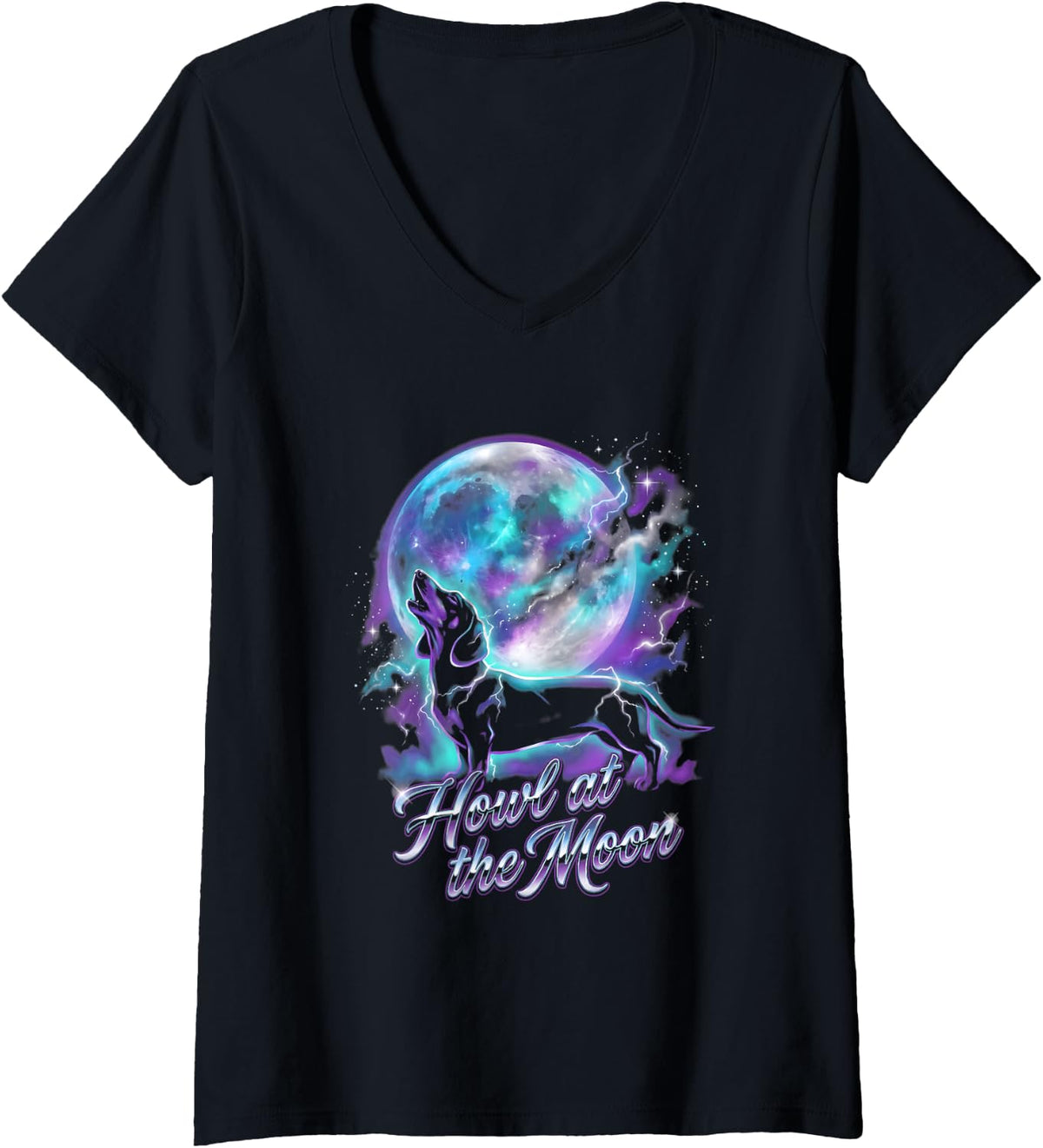 Women's Dachshund Howl Moon Dog mom Lunar Night V-Neck T-Shirt - Black