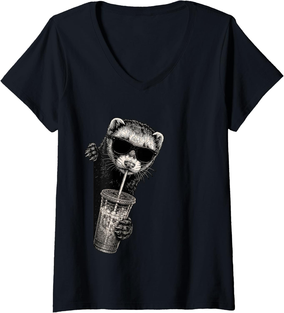 Women's Funny Ferret Peeking Drinking Iced Coffee Humor V-Neck T-Shirt - Black