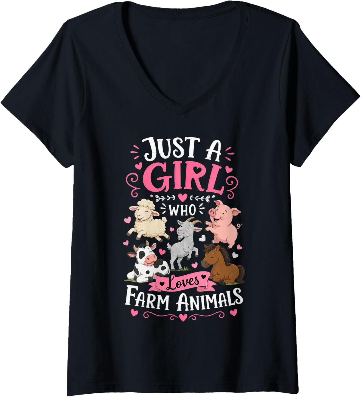 Women's Girl Who Loves Farm Animals with Cartoon Animals V-Neck T-Shirt - Black
