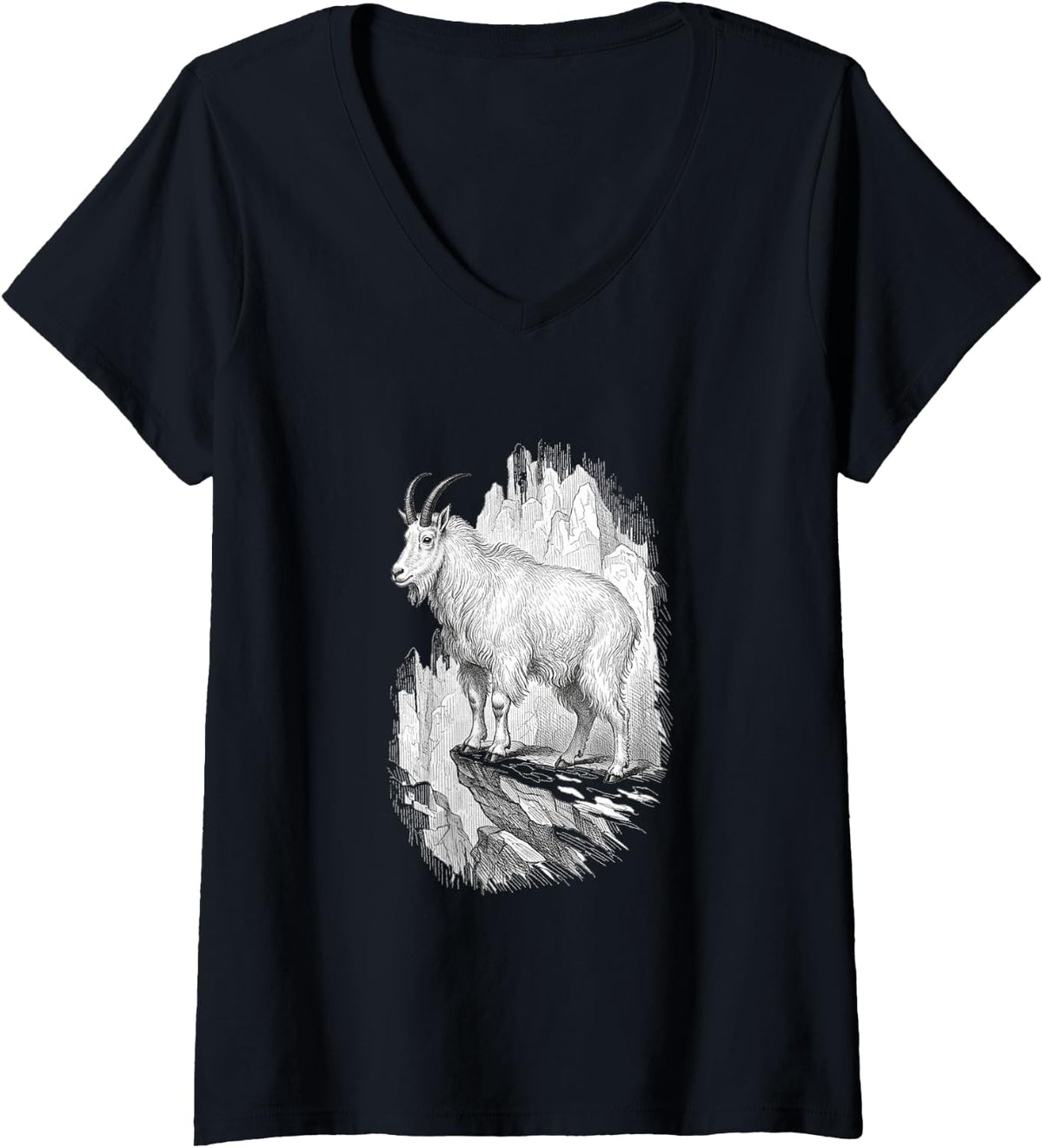 Women's Mountain Goat Standing Rocky Alpine Precipice Art Graphic V-Neck T-Shirt - Black