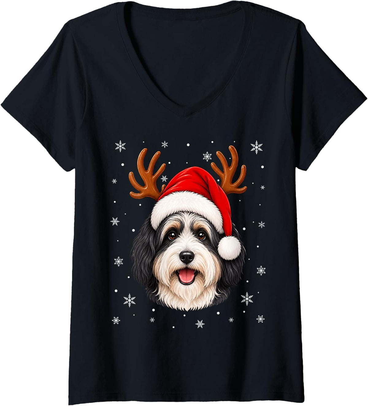 Women's Cute Reindeer Horn Santa Havanese Dog Christmas V-Neck T-Shirt - Black