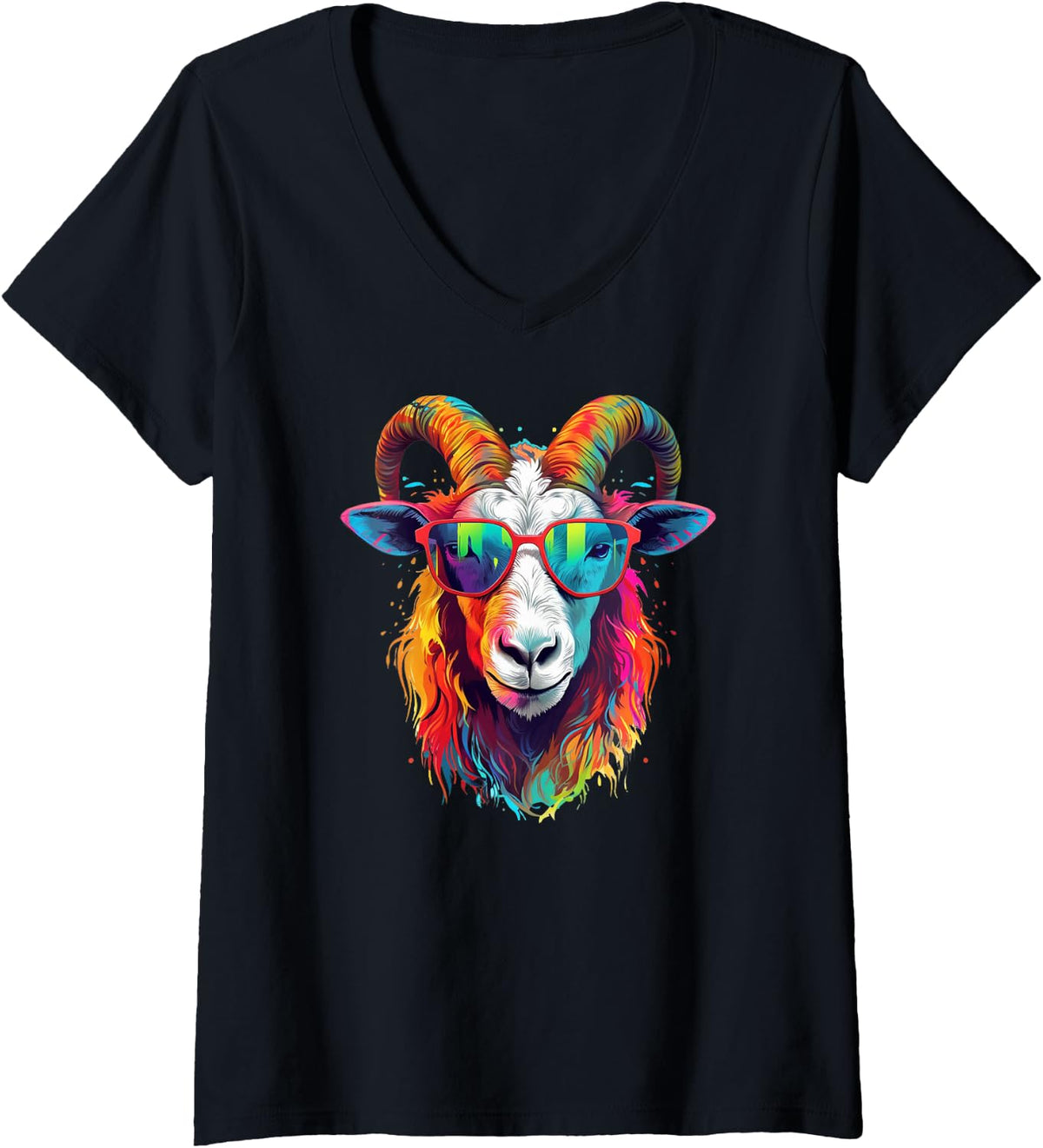 Women's Dripping Psychedelic Goat Trippy Splatter V-Neck T-Shirt - Black