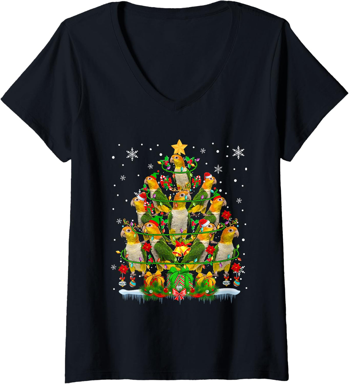 Women's Santa Reindeer Elf Caique Parrots Christmas Tree Bird Lover V-Neck T-Shirt - Black