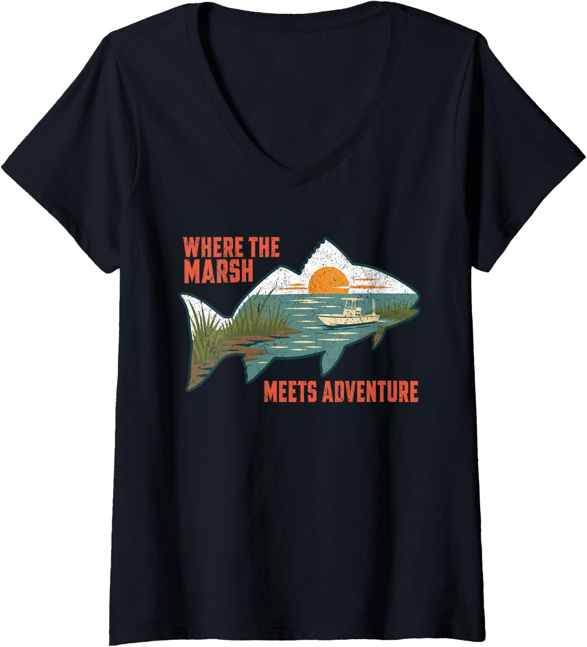 Women's Redfish Fishing Coastal Marsh Saltwater Angler Saying V-Neck T-Shirt - Black