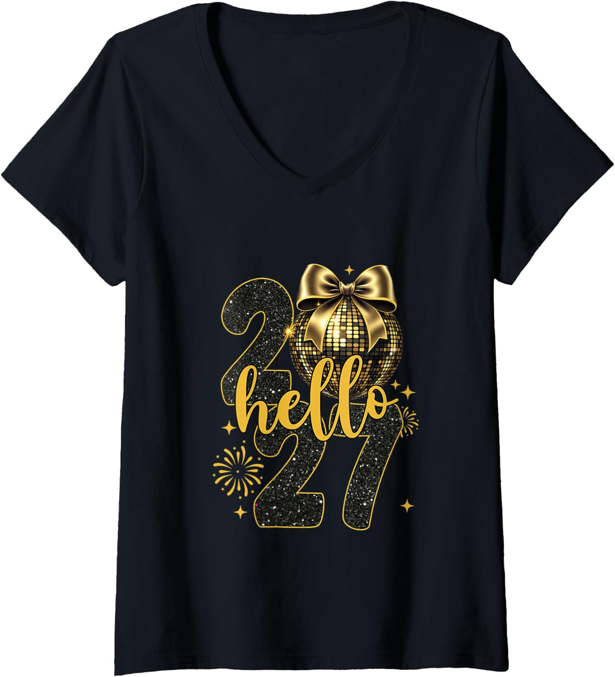 Women's Hello 2027 Coquette Bow Disco New Year Countdown Fireworks V-Neck T-Shirt - Black