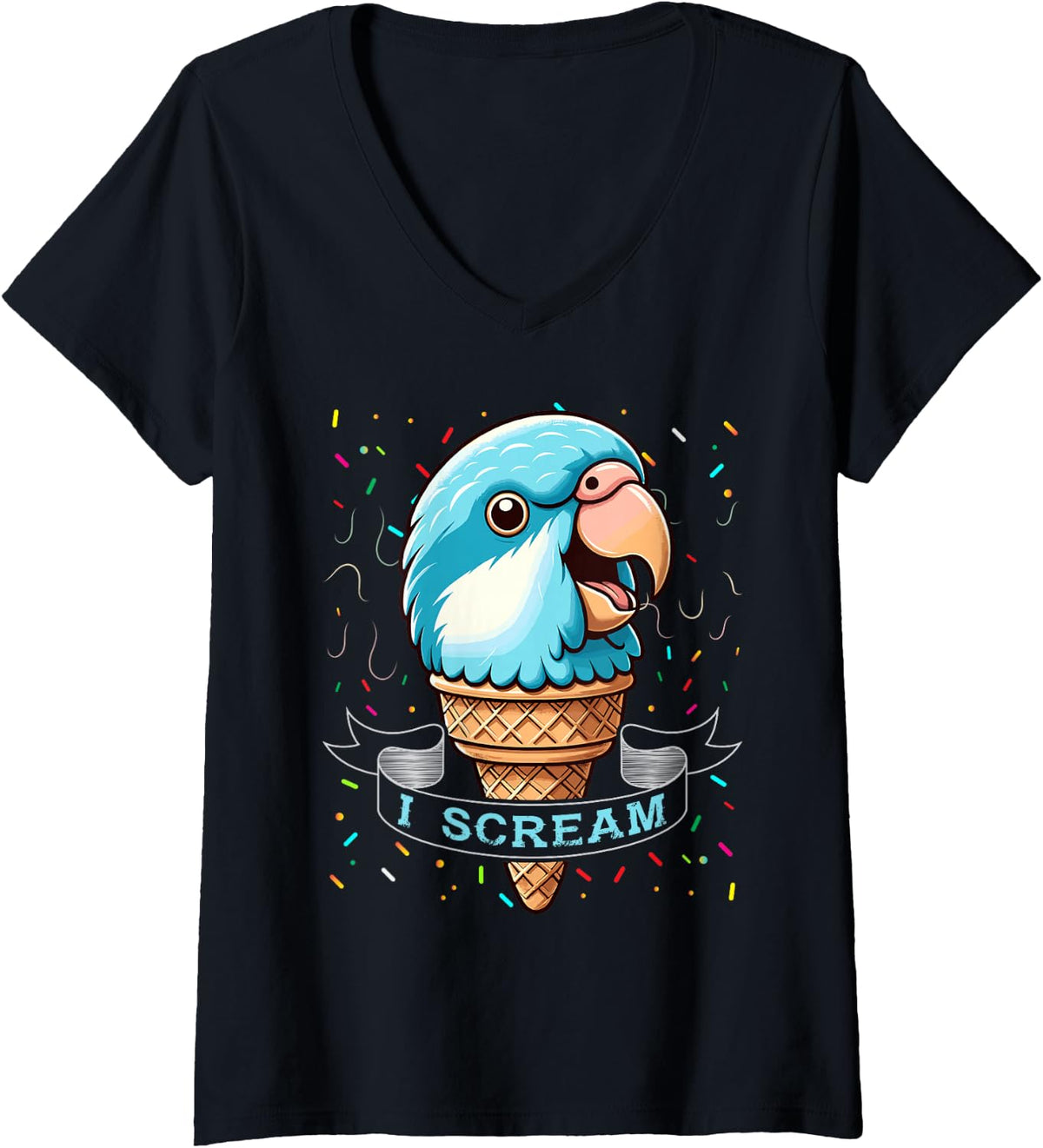 Women's I Scream Ice Cream Blue Quaker Shirt Funny Blue Quaker V-Neck T-Shirt - Black