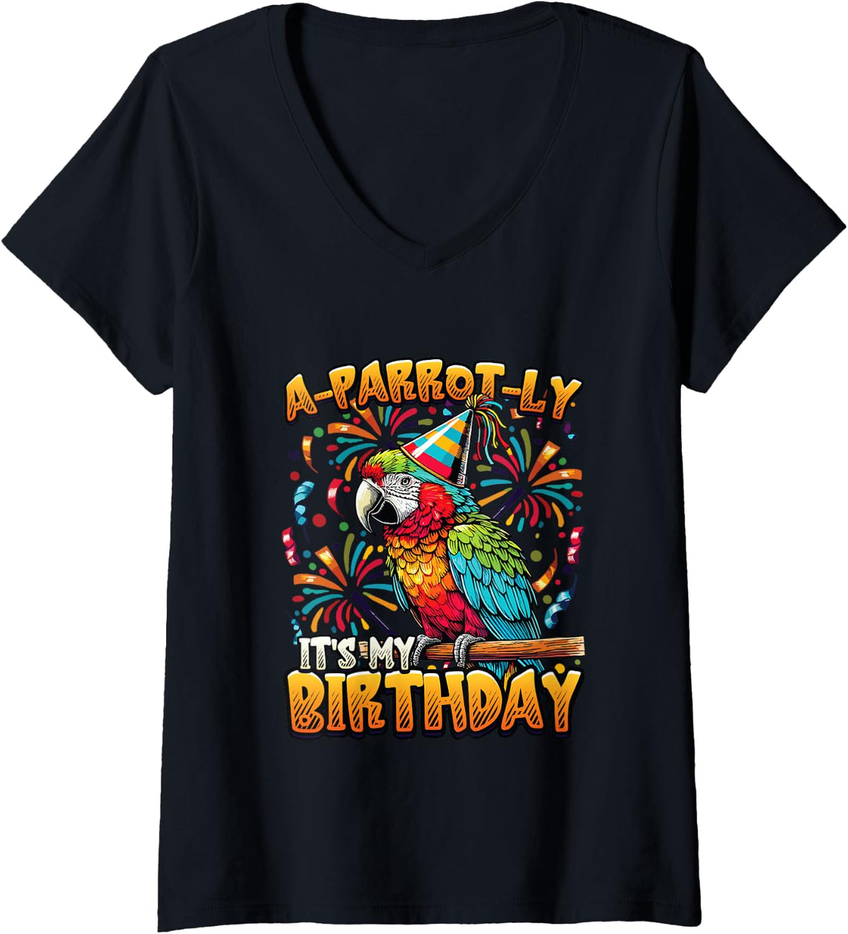 Women's A-Parrot-Ly It's My Birthday V-Neck T-Shirt - Black