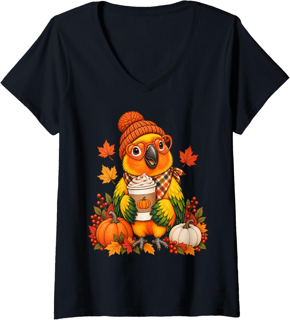 Women's Sun Conure Fall Autumn Season Pumpkin Spice Parrot V-Neck T-Shirt - Black