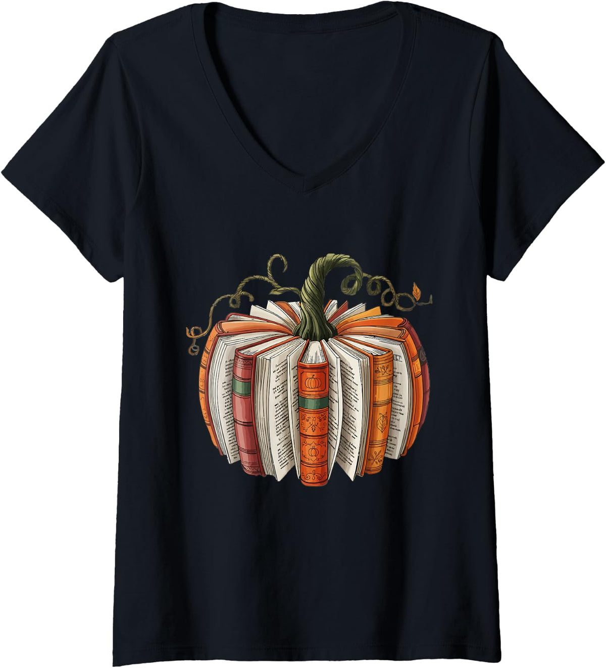 Womens Vintage Book Pumpkin Autumn Fall Librarians Bookworm Teacher V-Neck T-Shirt - Black