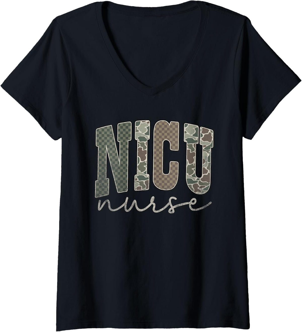 Women's Camo Nurse NICU Team RN Neonatal Intensive Care Unit V-Neck T-Shirt - Black