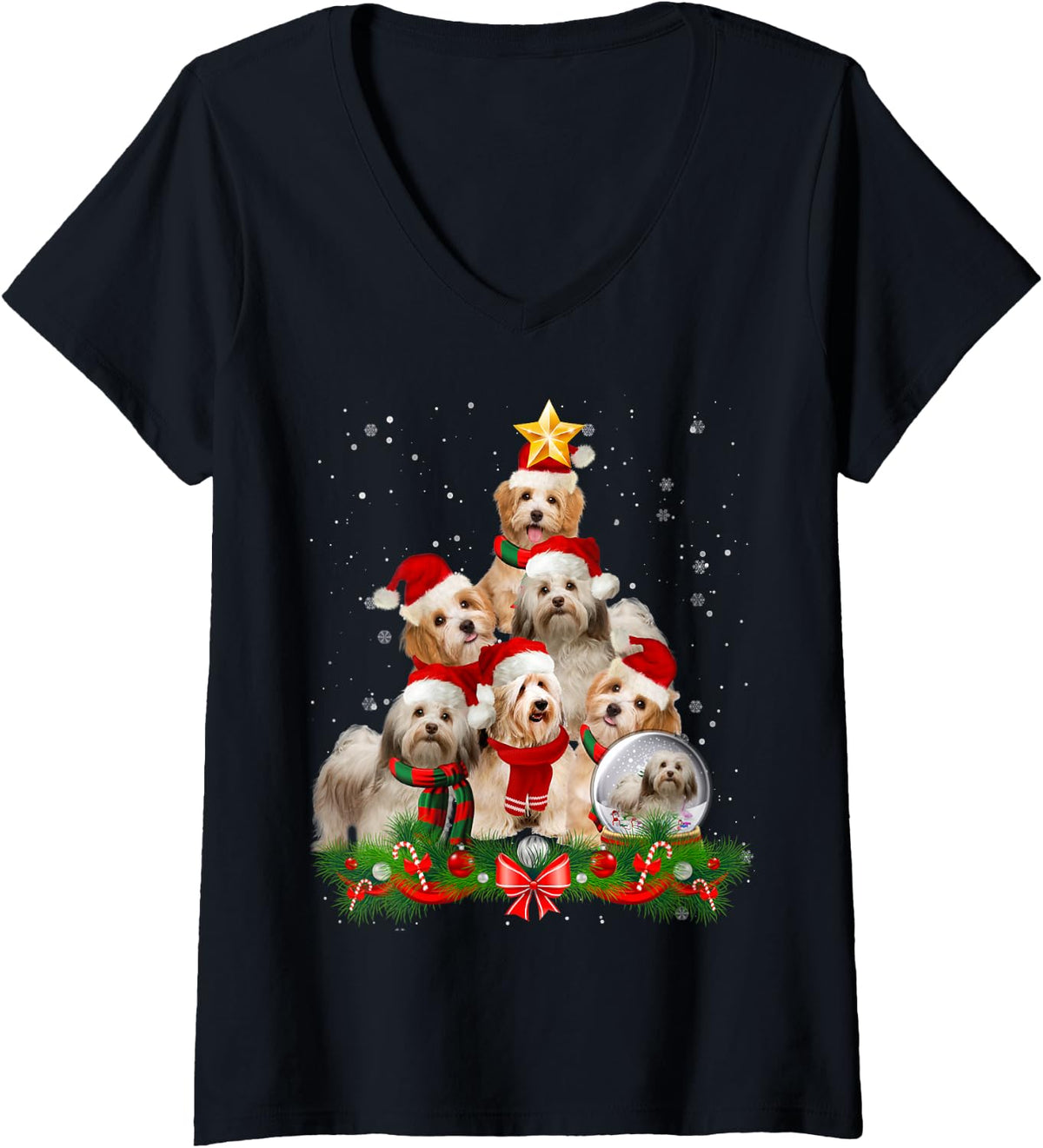 Women's Funny Havanese Dog Christmas Tree V-Neck T-Shirt - Black