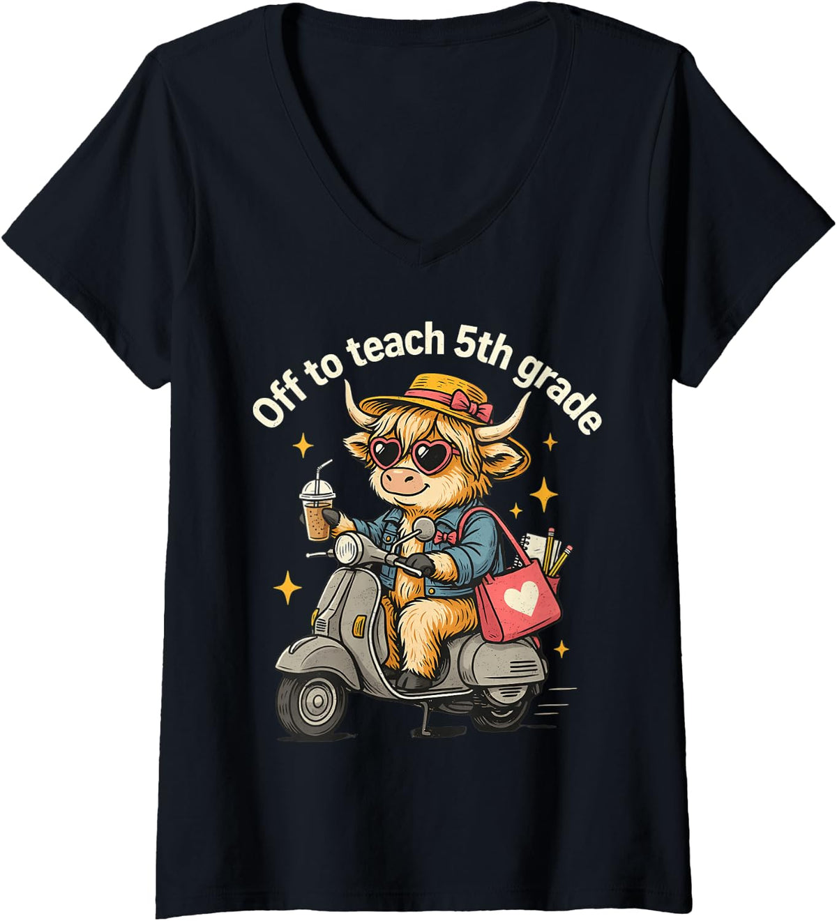 Women's Back to School Off to Teach 5th Grade Funny Teacher V-Neck T-Shirt - Black