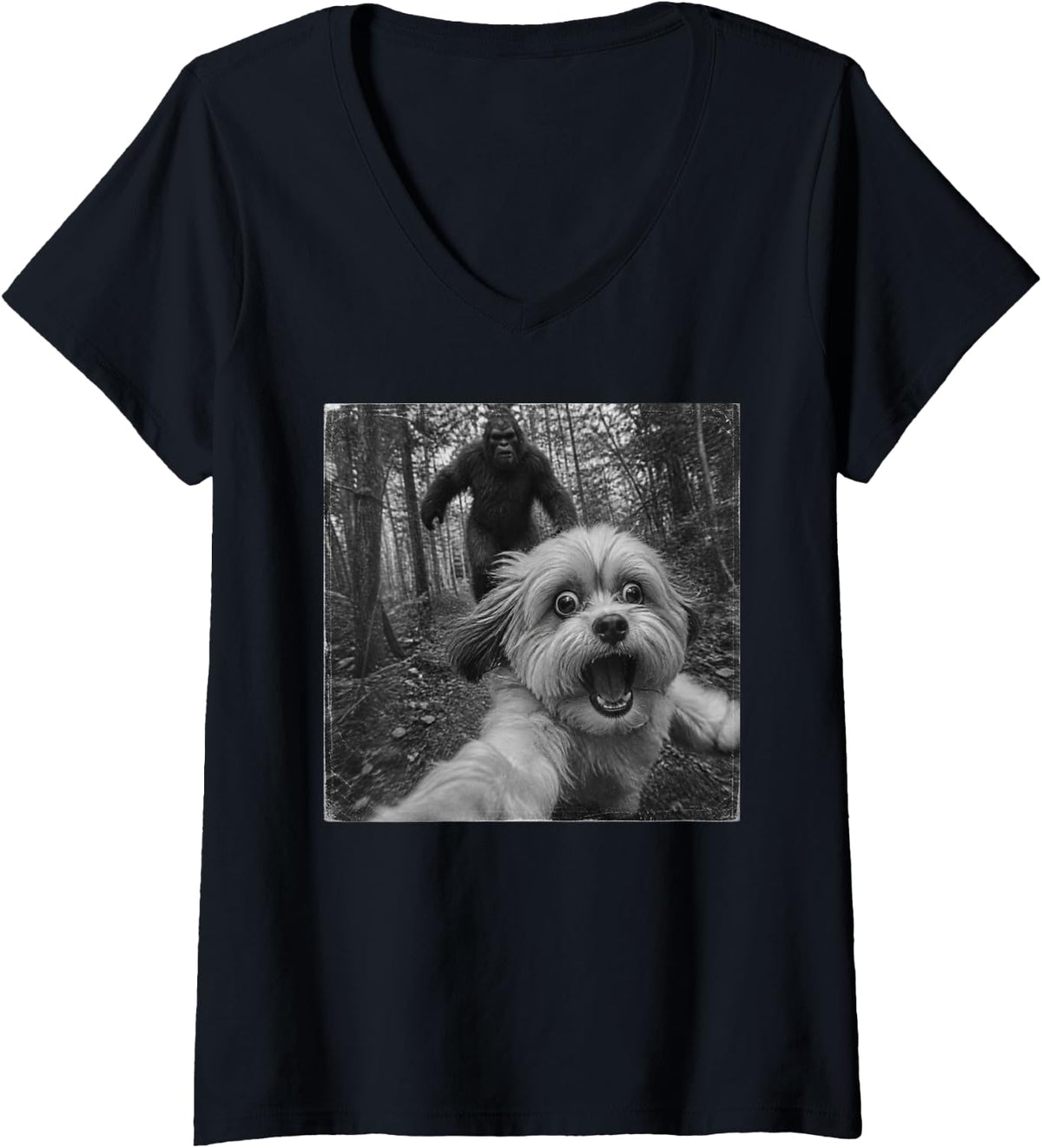Women's Funny Bigfoot Havanese V-Neck T-Shirt - Black