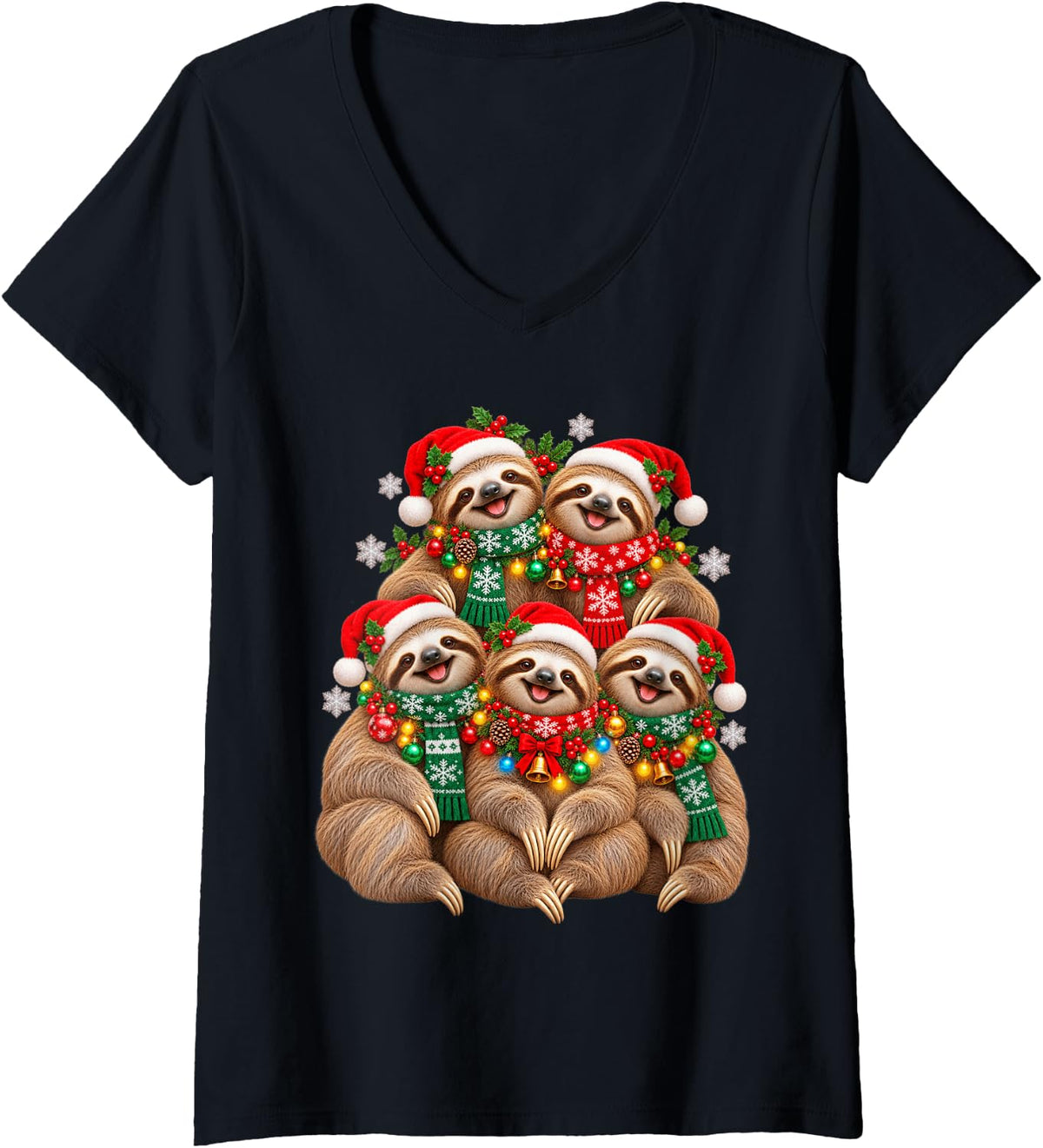 Women's Christmas Lights Sloth Santa Funny Xmas Trees V-Neck T-Shirt - Black