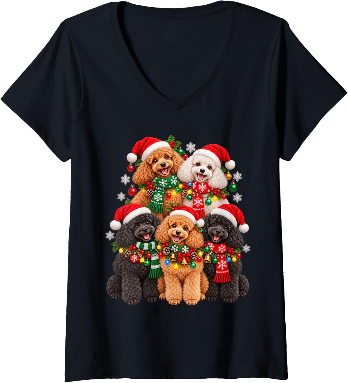 Women's Christmas Lights Poodle Santa Funny Xmas Trees V-Neck T-Shirt - Black