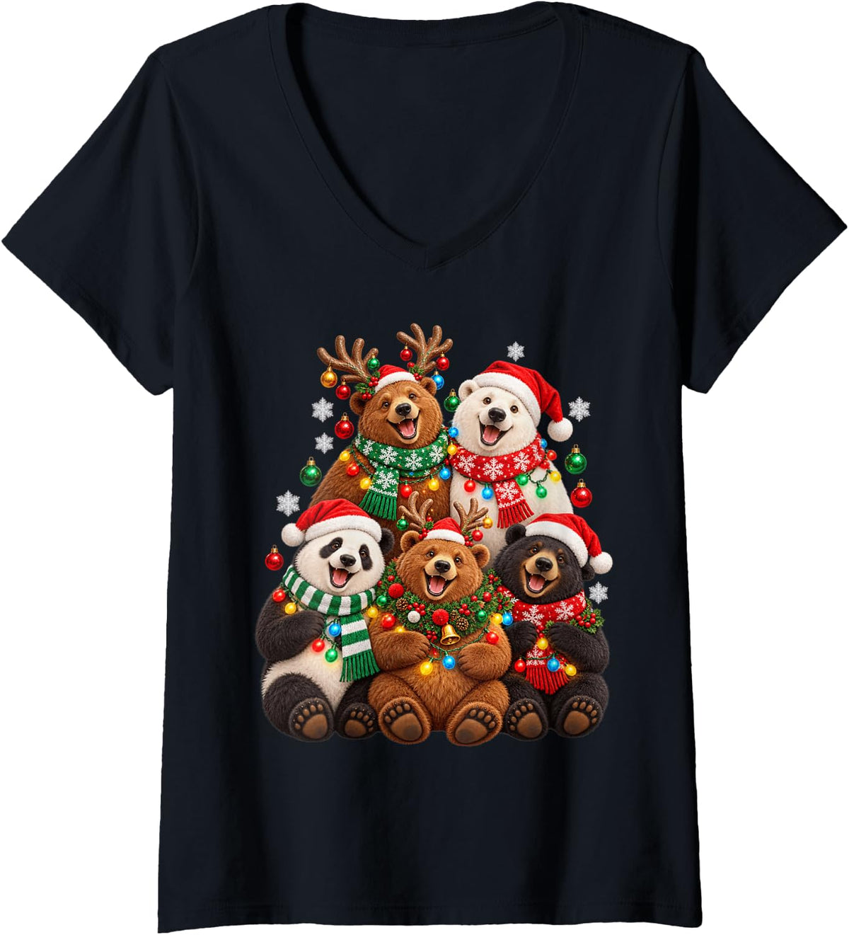 Women's Christmas Lights Bear Santa Funny Xmas Trees V-Neck T-Shirt - Black