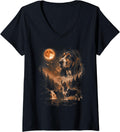 Women's Basset Hound Howling Moon Animal Pine Forest Night V-Neck T-Shirt - Black