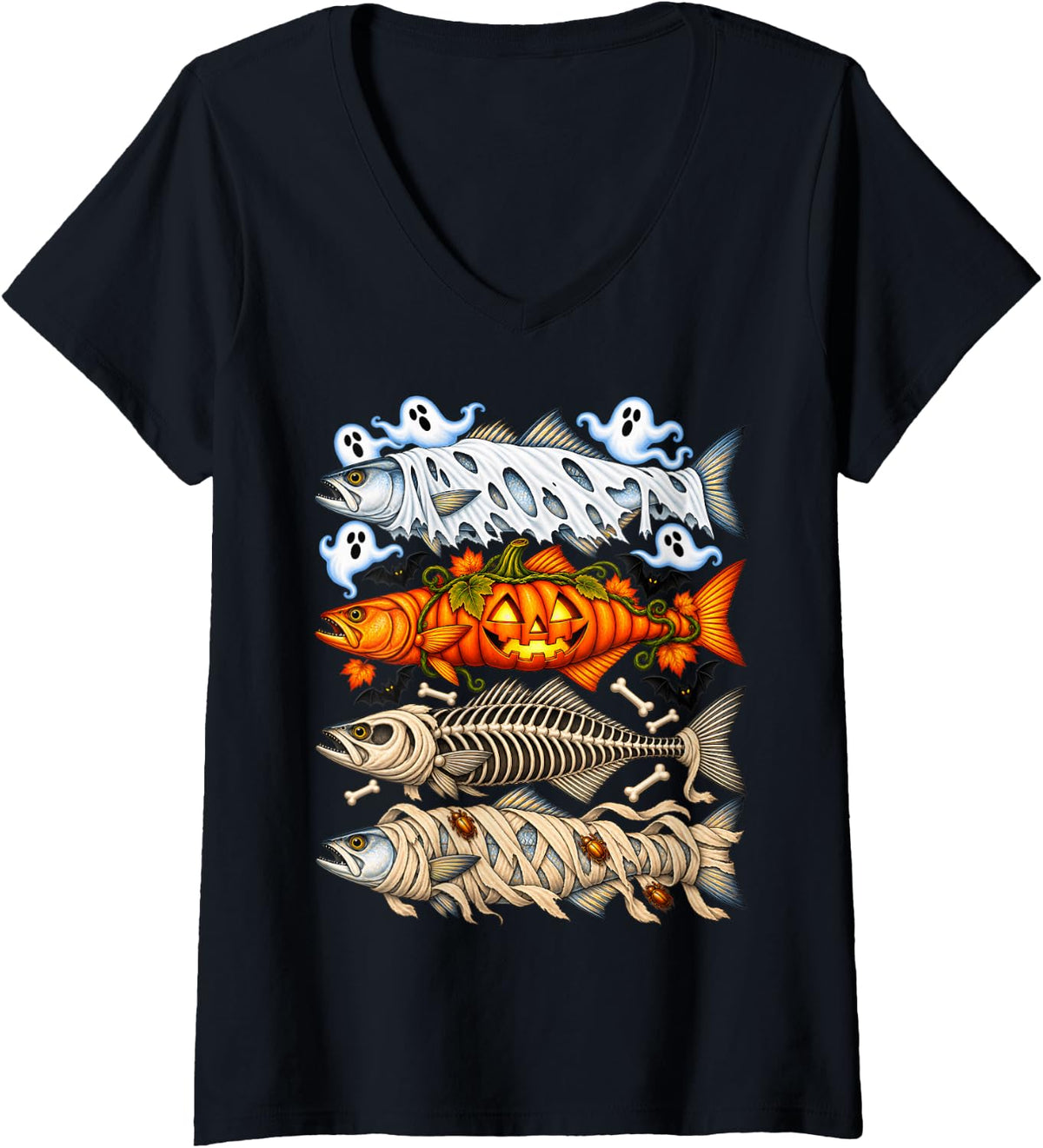 Women's Halloween Bluefish Fishing Ghost Pumpkin Design V-Neck T-Shirt - Black