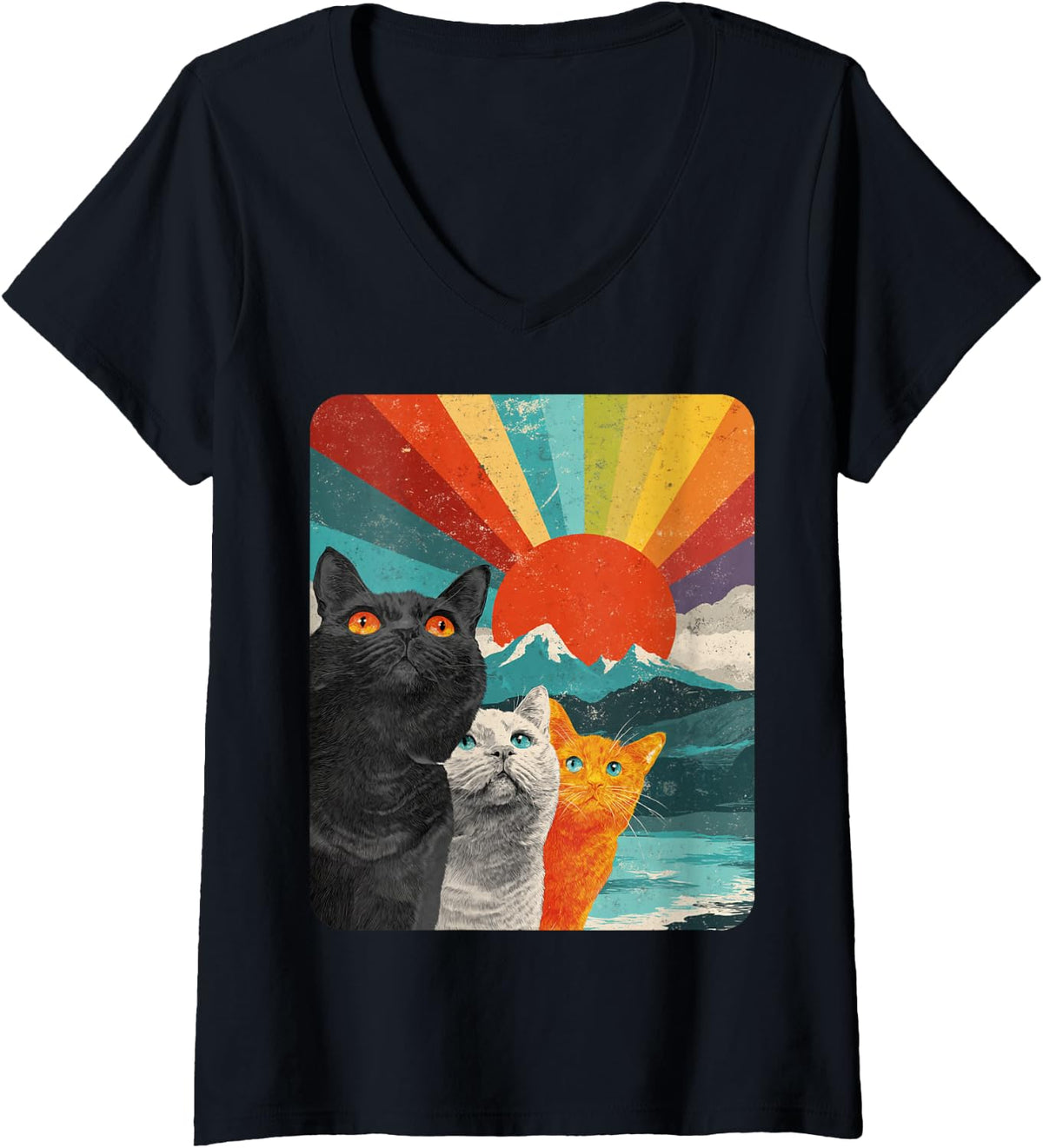 Women's Orange Black White Cat Rainbow Color V-Neck T-Shirt - Black