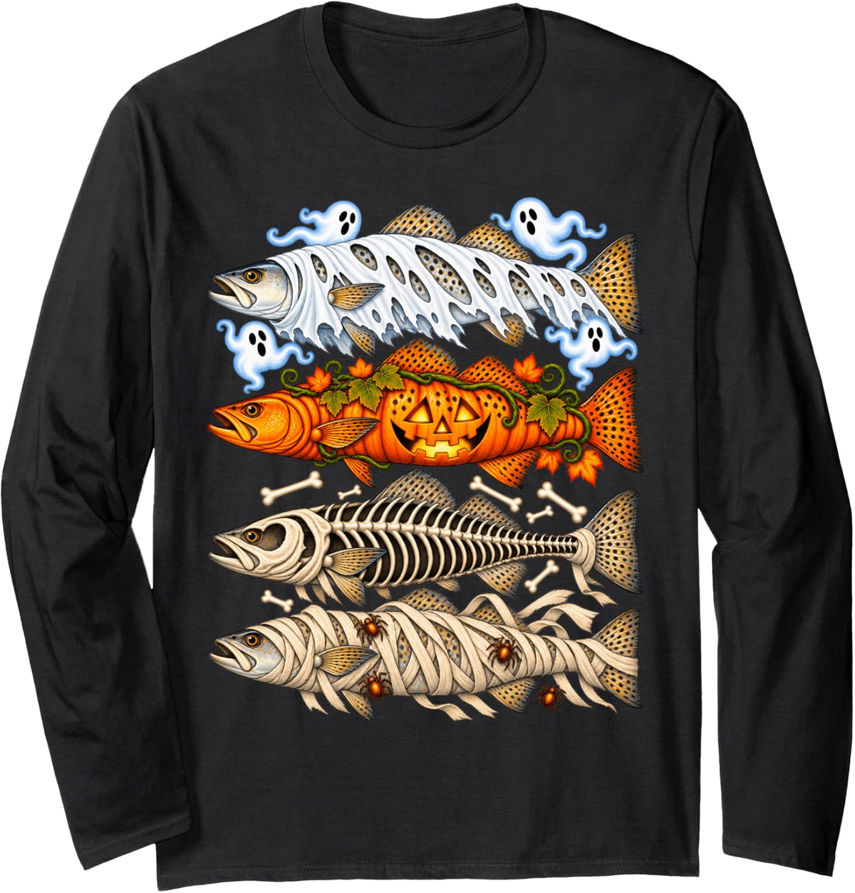 Halloween Spotted Seatrout Fishing Halloween Design Long Sleeve T-Shirt - Adult Unisex Black