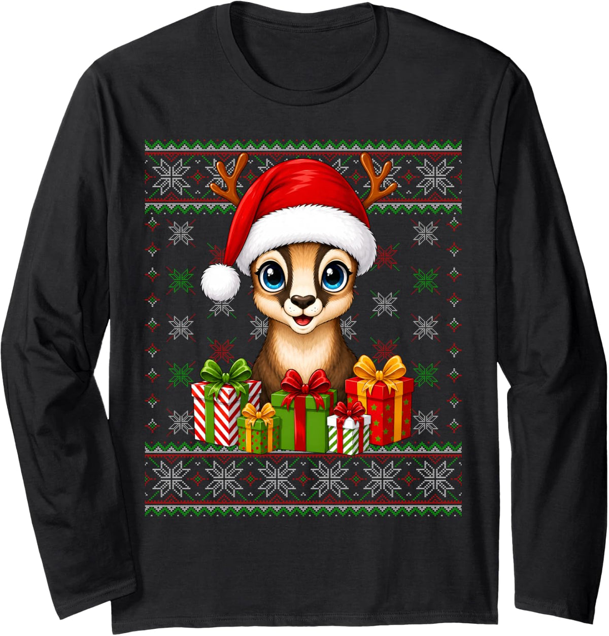 Chamois Goat Xmas Ugly Sweaters Festive Santa Goat Christmas Long Sleeve T-Shirt - Adult Unisex Black