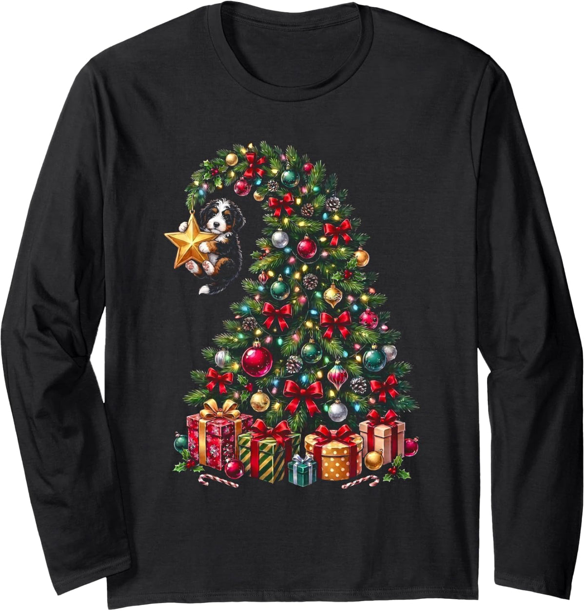 Bernedoodle Hanging from Christmas Tree Festive Funny Pet Long Sleeve T-Shirt - Adult Unisex Black