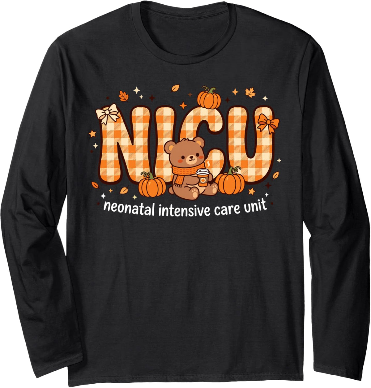 Cute NICU Nurse Fall Plaid Design Autumn Healthcare Long Sleeve T-Shirt - Adult Unisex Black