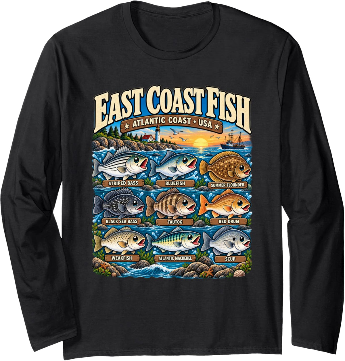 Cute East Coast Fish Atlantic Coast USA Saltwater Fishing Long Sleeve T-Shirt - Adult Unisex Black