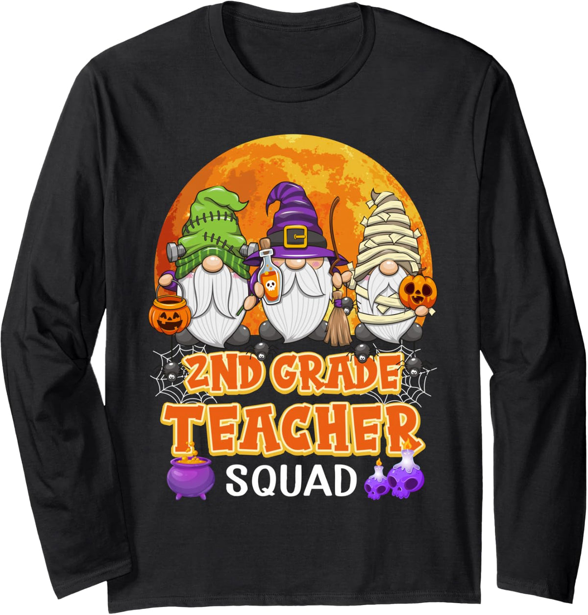 2nd Grade Teacher Squad Halloween Gnome Matching Long Sleeve T-Shirt - Adult Unisex Black