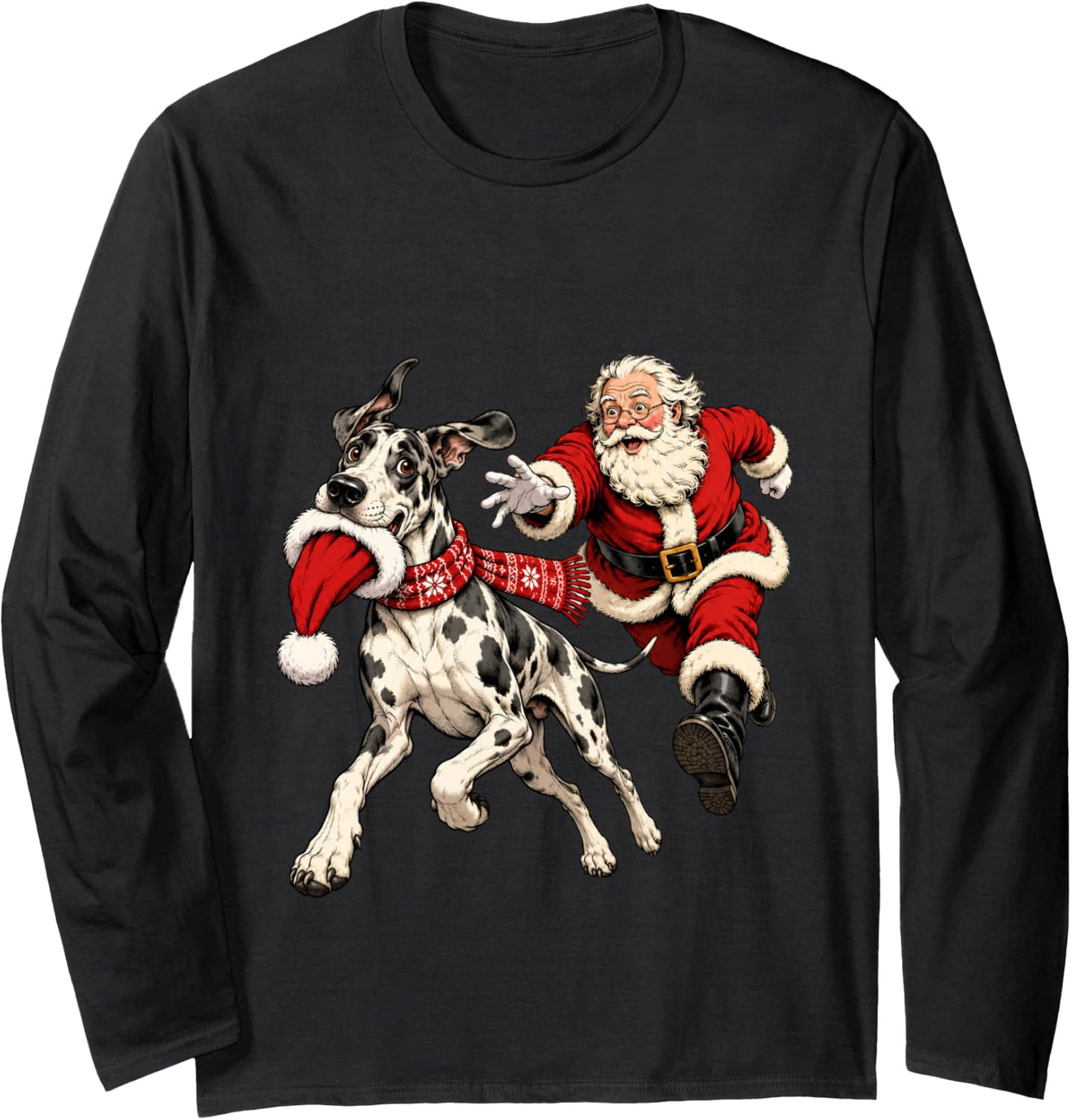 Funny Santa Chasing Great Dane Christmas Dog Mom Pet Long Sleeve T-Shirt - Adult Unisex Black