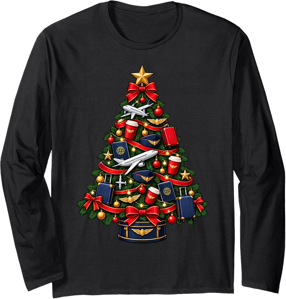 Flight Attendant Christmas Tree Long Sleeve T-Shirt - Adult Unisex Black