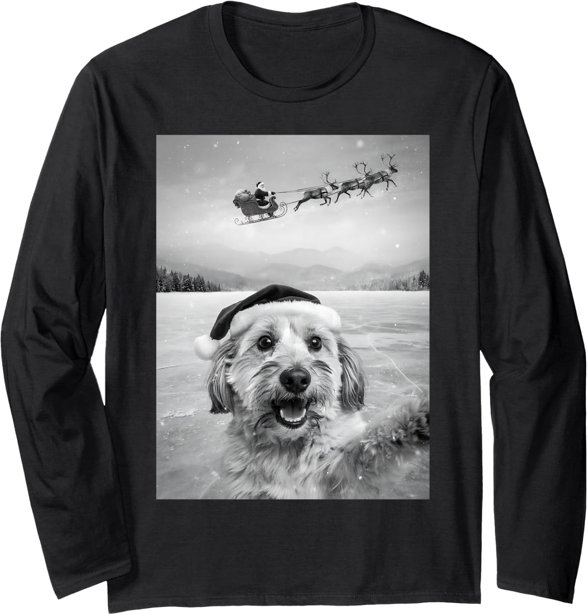 Funny Havanese Christmas Selfie Santa Sleigh Dog Lover Long Sleeve T-Shirt - Adult Unisex Black
