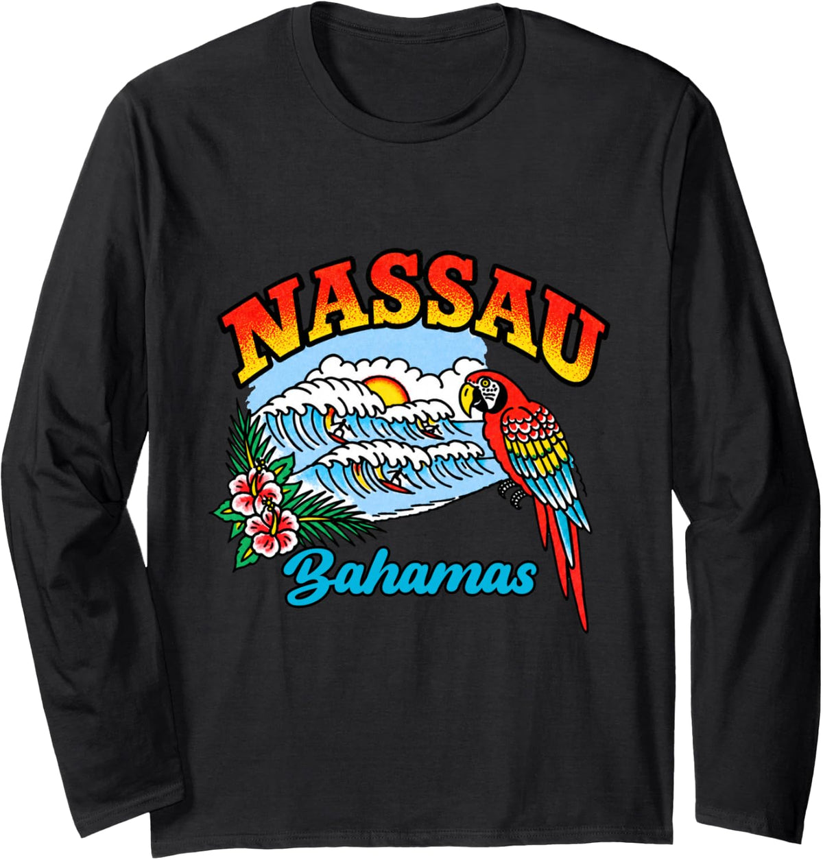 Nassau Bahamas Tropical Parrot Island Vacation Vintage Long Sleeve T-Shirt - Adult Unisex Black