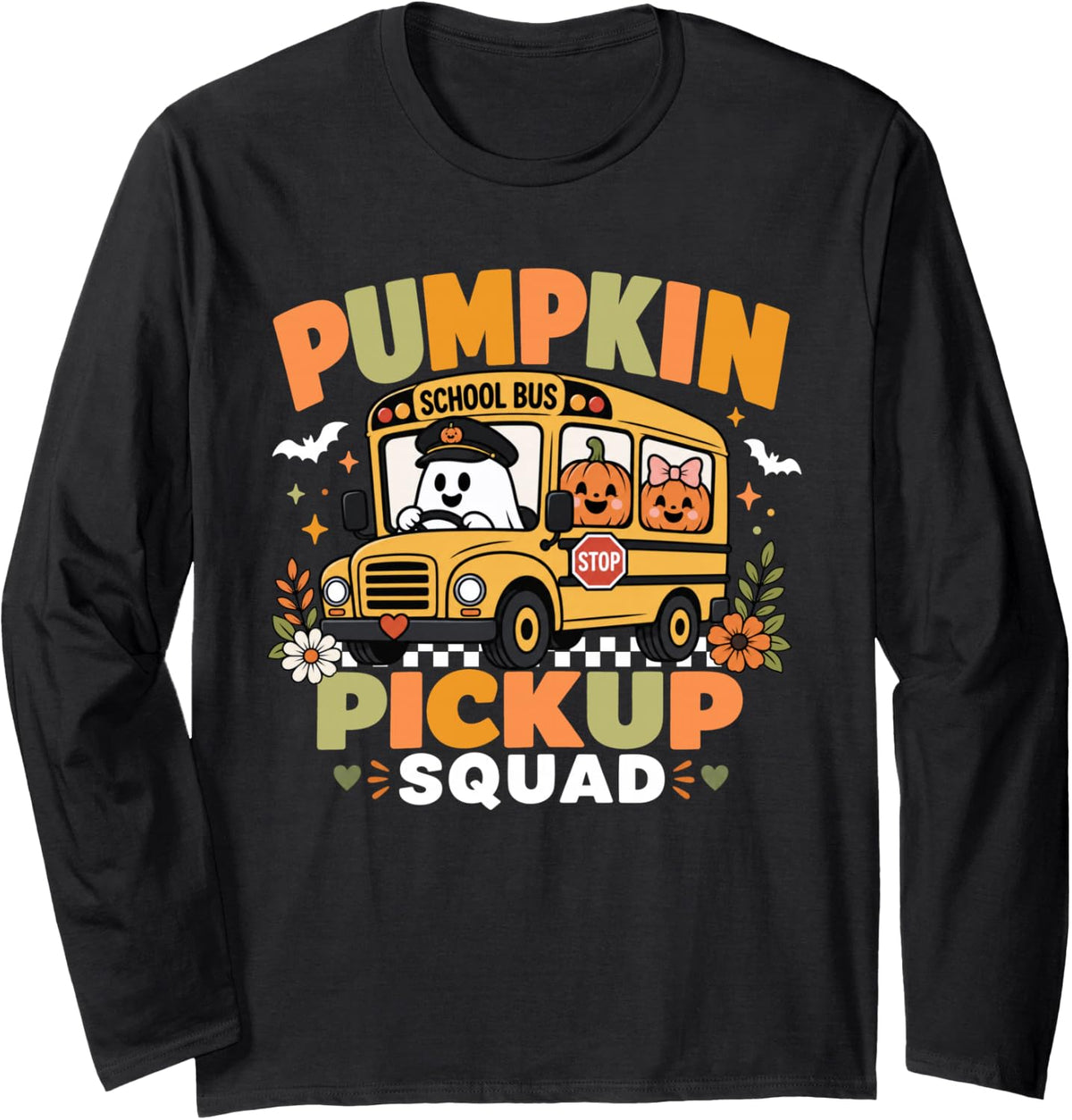 Pumpkin Pickup Squad Halloween Ghost School Bus Driver Long Sleeve T-Shirt - Adult Unisex Black
