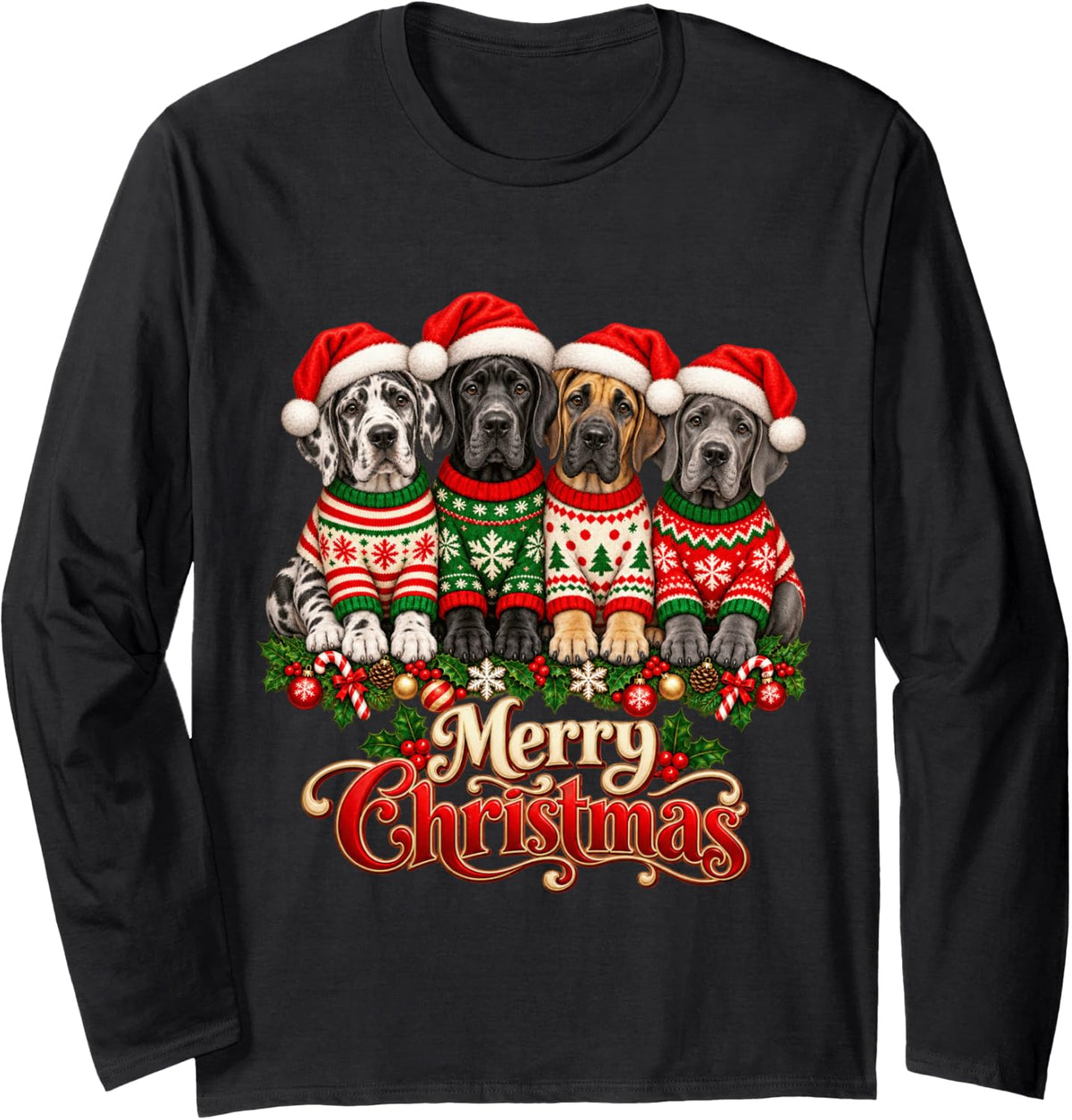 Merry Christmas Great Dane Santa Hat Holiday Animal Lover Long Sleeve T-Shirt - Adult Unisex Black