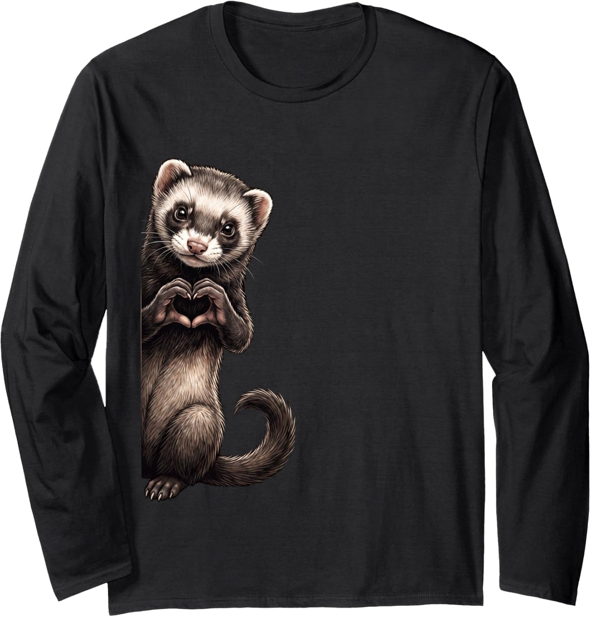 Funny Ferret Peeking Heart Sign Cute Valentines Long Sleeve T-Shirt - Adult Unisex Black