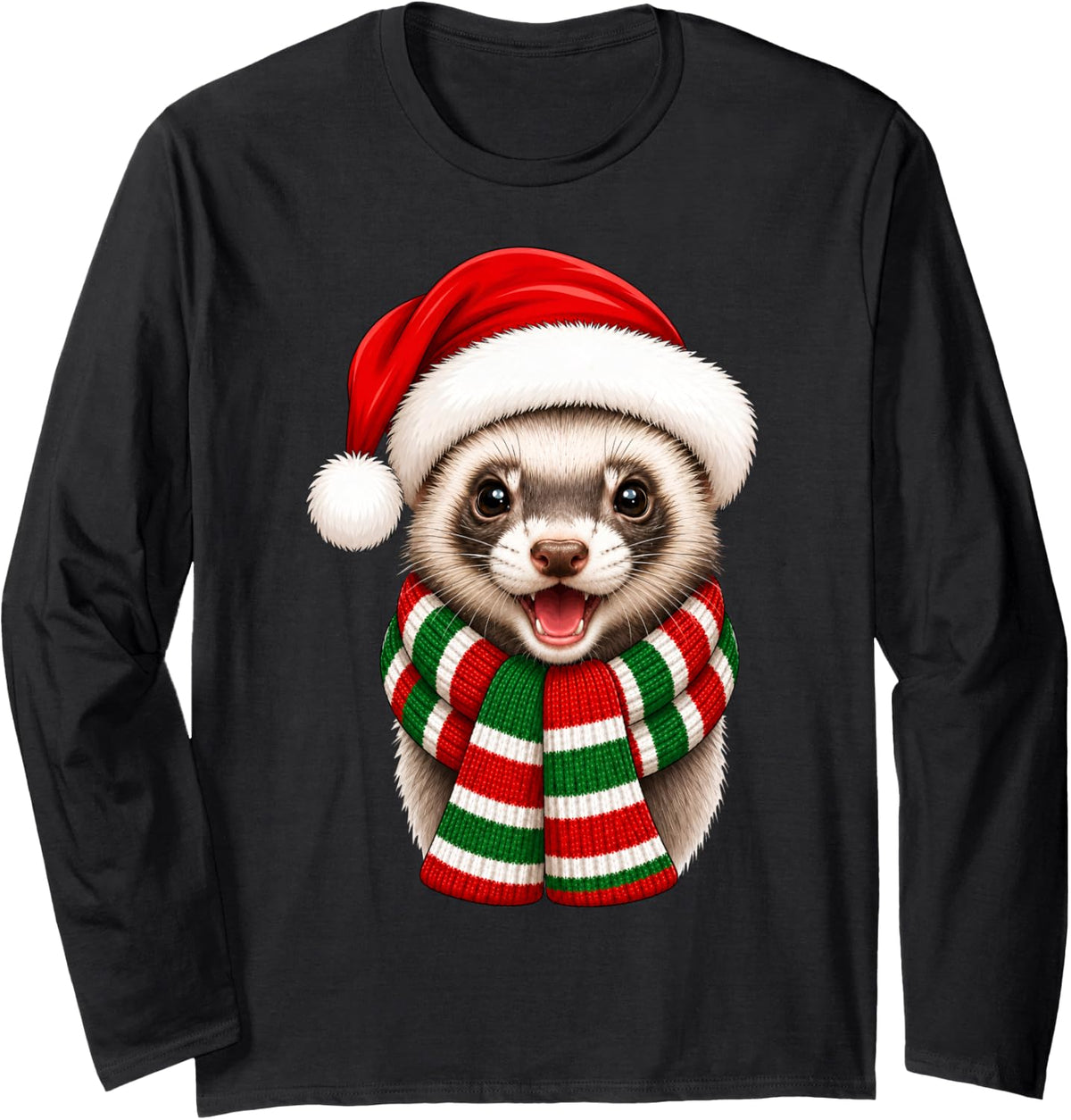Ferret Christmas Santa Hat Scarf Fun Animal Lover Xmas Long Sleeve T-Shirt - Adult Unisex Black