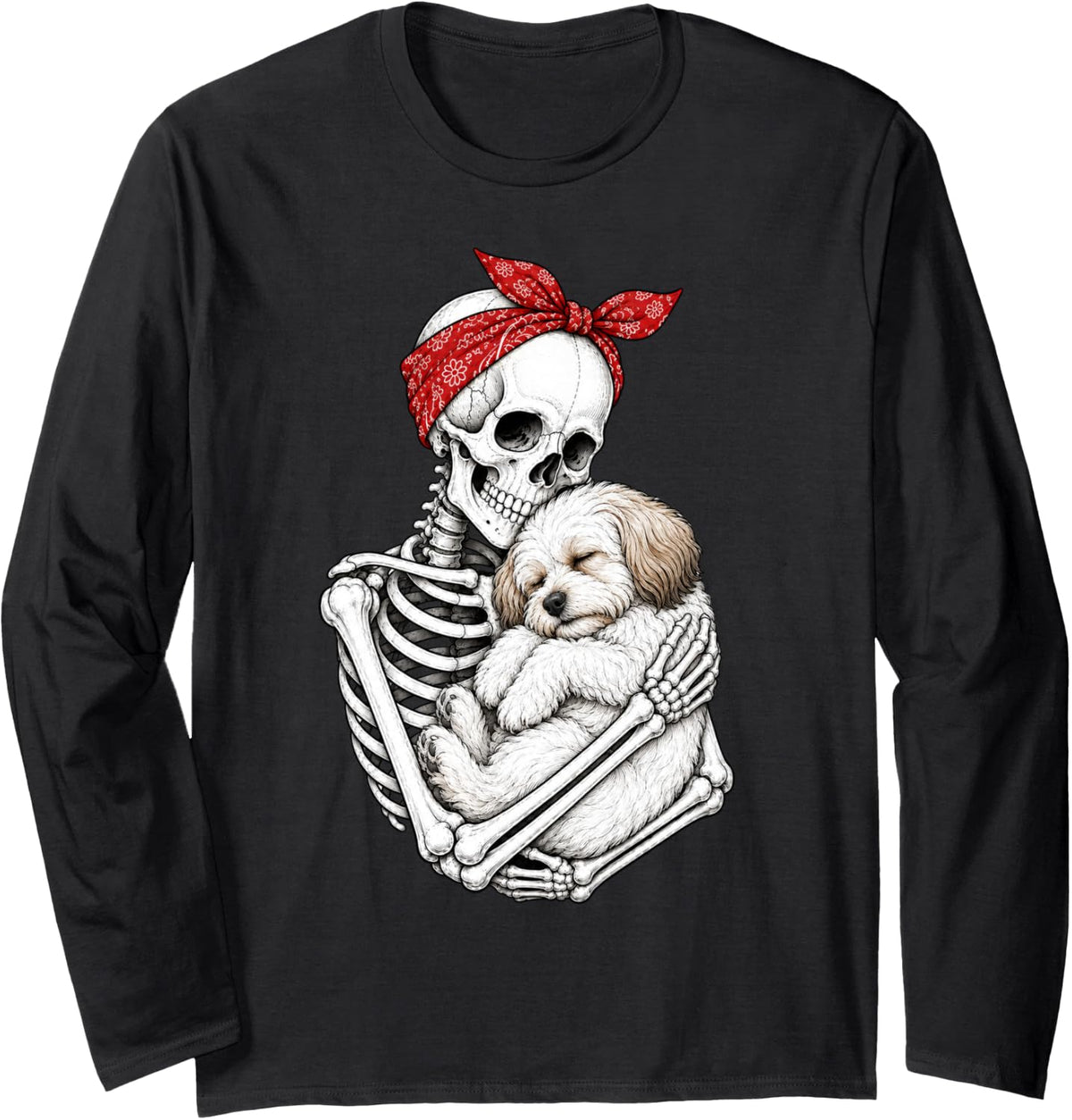 Skeleton Holding Havanese Dog Funny Lazy Halloween Costume Long Sleeve T-Shirt - Adult Unisex Black