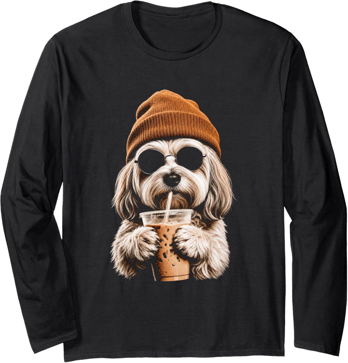 Havanese Drinking Iced Coffee Funny Dog Hipster Havanese Long Sleeve T-Shirt - Adult Unisex Black