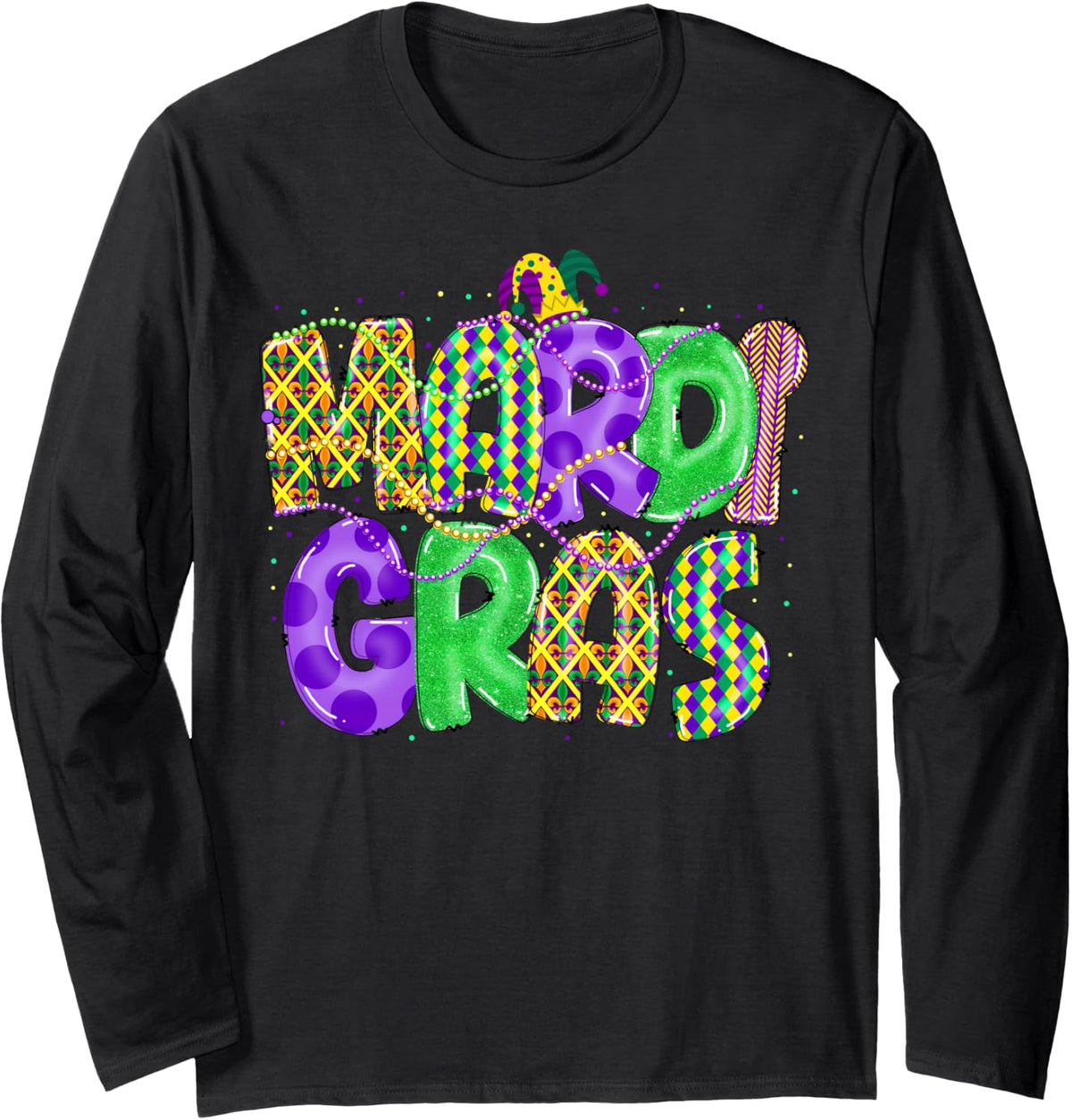 Funny Mardi Gras Parade Jester Hat Mask Beads Men Women Kids Long Sleeve T-Shirt - Adult Unisex Black