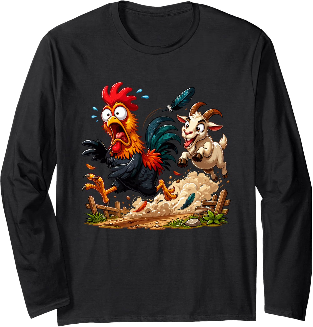 Farmyard Rooster Goat Chase Country Animal Humor Long Sleeve T-Shirt - Adult Unisex Black