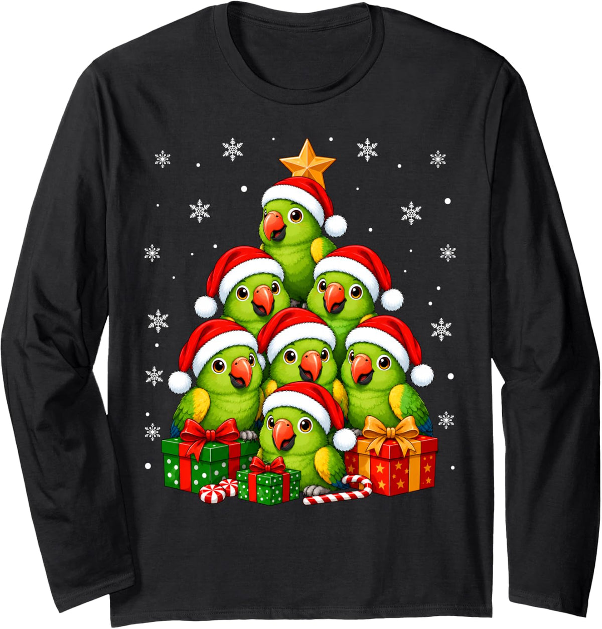 Parrots Christmas Tree Cute Festive Santa Hat Parrot Xmas Long Sleeve T-Shirt - Adult Unisex Black