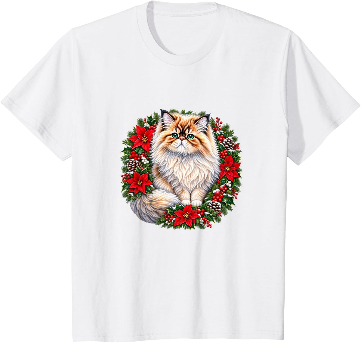 Christmas Persian Cat with Poinsettias, Hollies, Pinecones T-Shirt - White