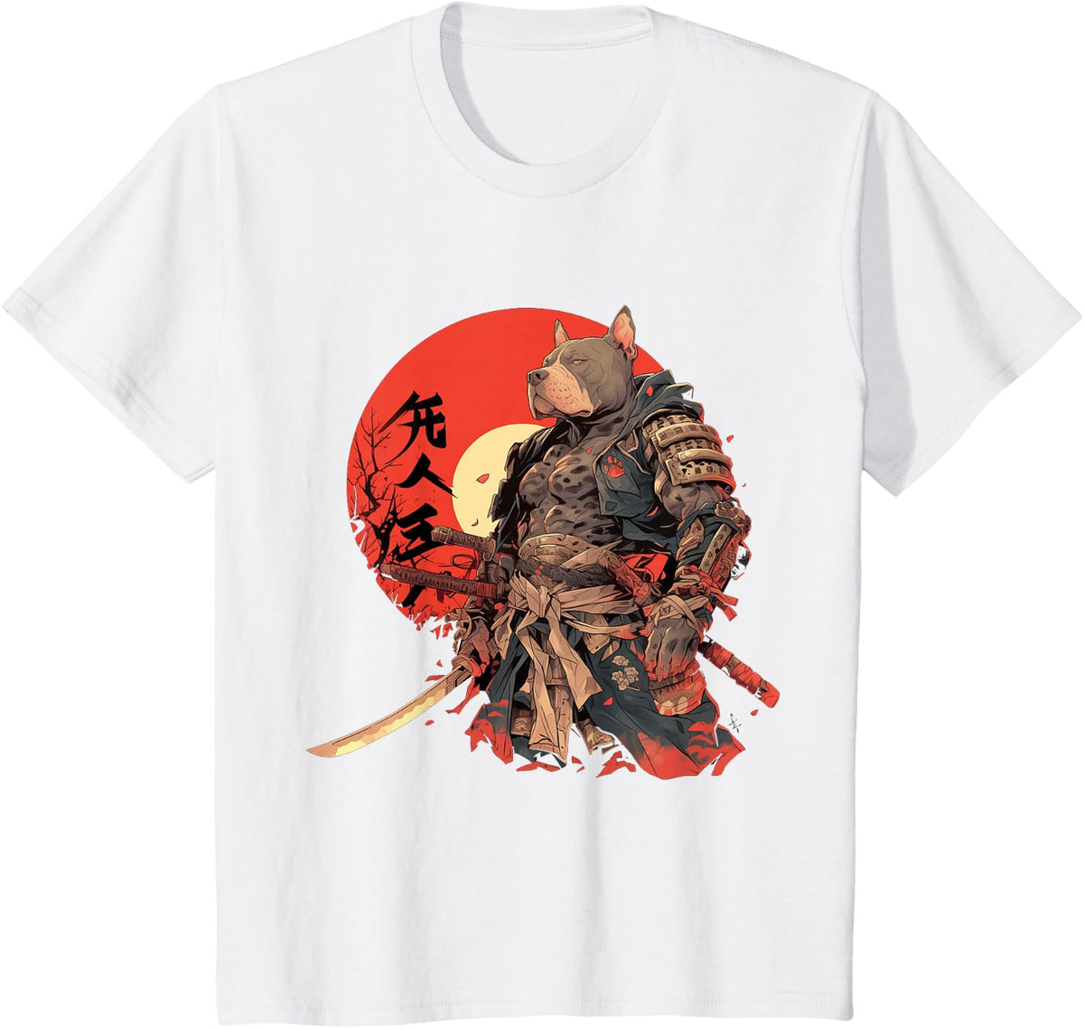 Japanese Art Dog Ninja Ukiyo-e Anime Style Samurai Pitbull T-Shirt - White