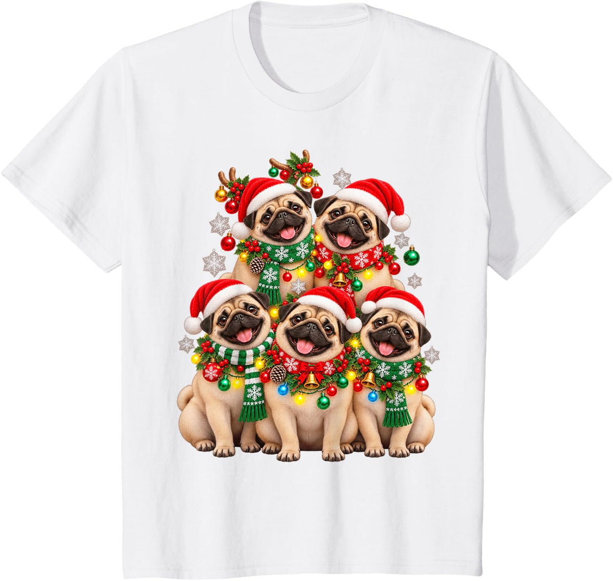 Christmas Lights Pug Santa Funny Xmas Trees T-Shirt - White