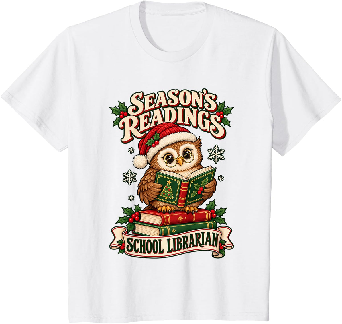 Season's Readings School Librarian Christmas Owl T-Shirt - White