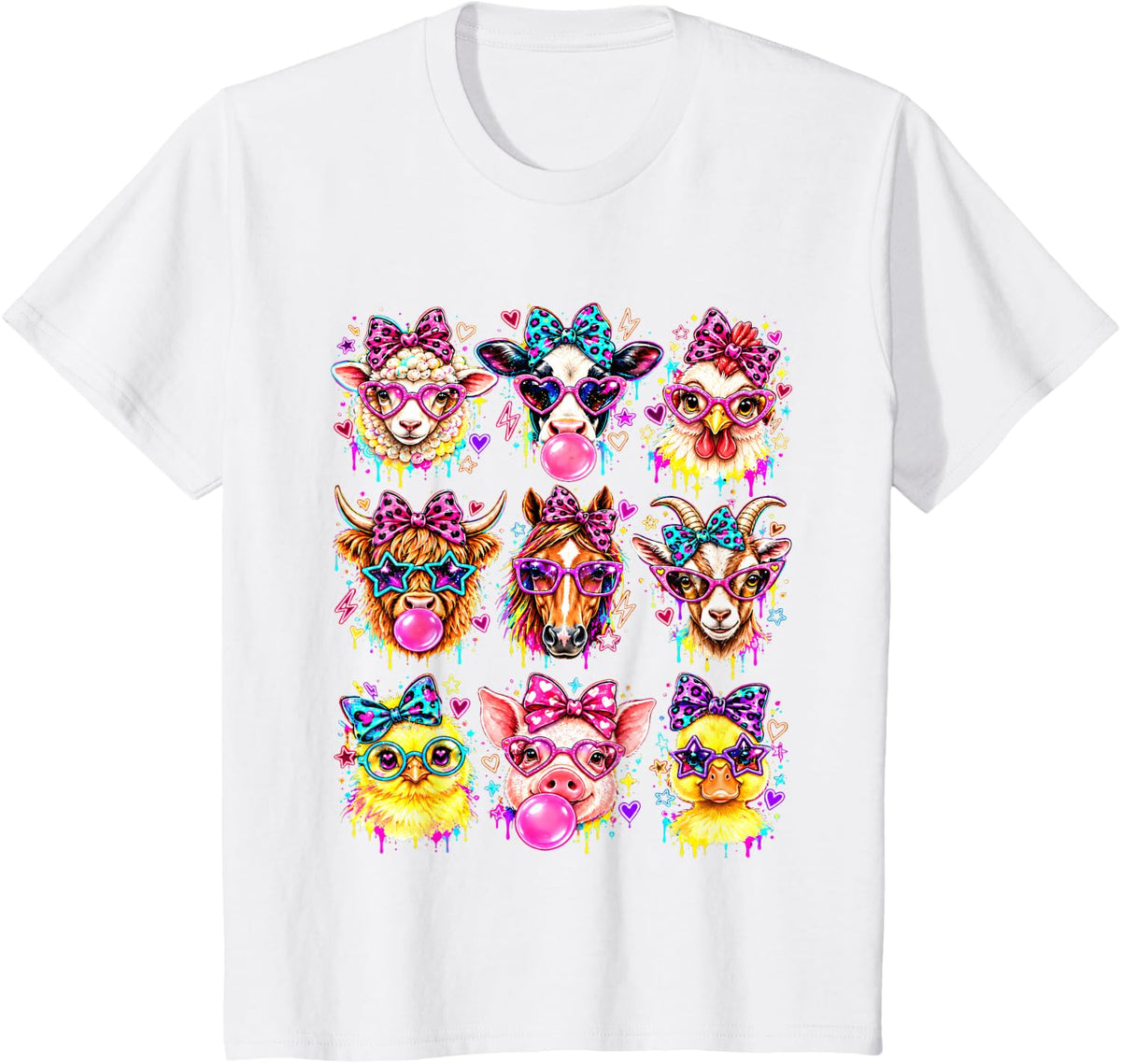 Cute Farm Animals Glasses Coquette Bow Bubblegum Women Girls T-Shirt - White