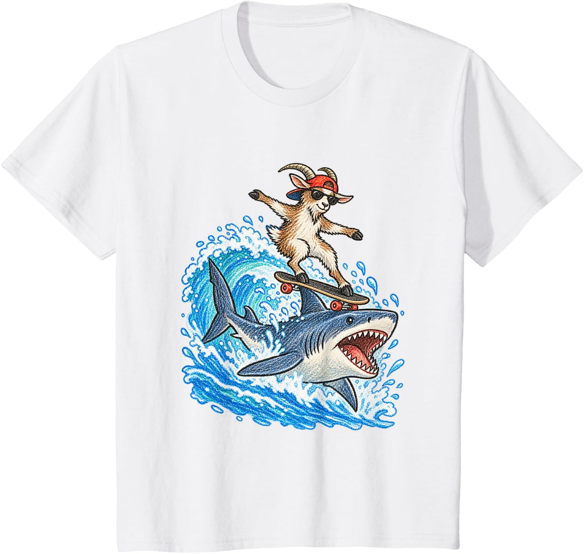Goat Skateboarding on Shark Funny Animal Meme T-Shirt - White