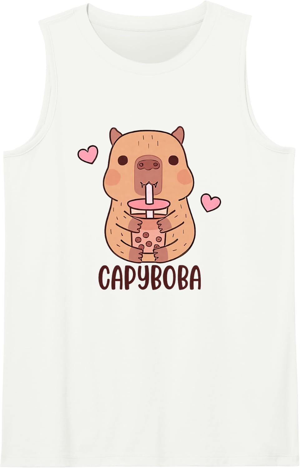 Funny Capybara, Capyboba Boba Milk Tea, Lovely Animal Sleeveless Tank Top - White