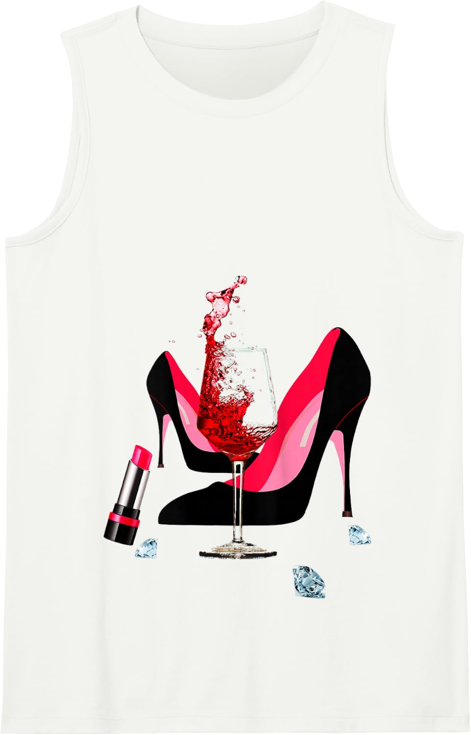 High heel shoes, red lipstick, red wine glass and diamonds Tank Top - White
